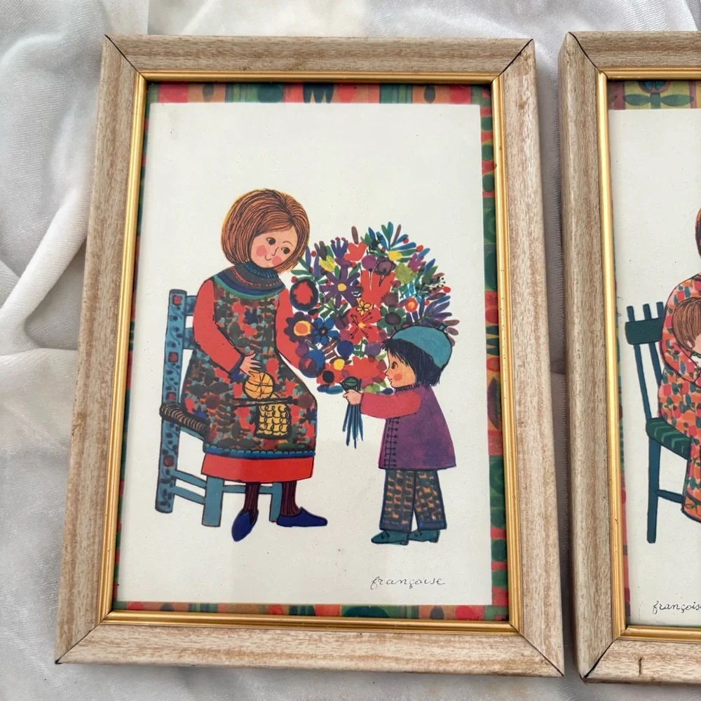 Vintage 70s colorful set of 3 art work print in wood frames mother child